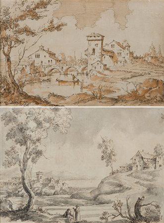 Scuola del secolo XX "Paesaggi" due disegni a penna e acquerello (mm 170x250...