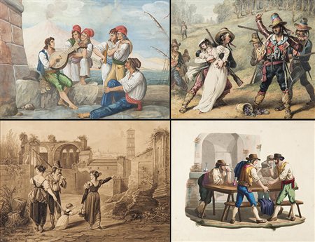 Scuola napoletana del secolo XIX. Quattro acquerelli raffiguranti personaggi...