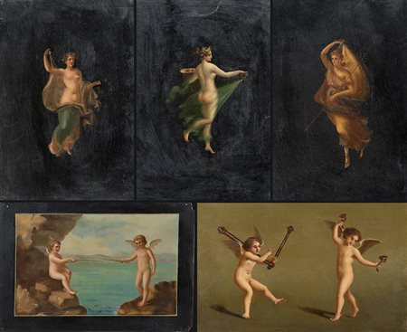 Scuola del secolo XIX "Figure classiche" gruppo di cinque dipinti ad olio su...