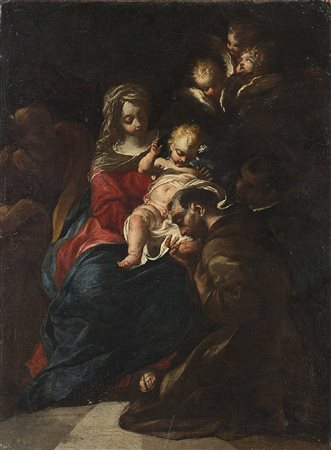 Scuola del secolo XVIIMadonna con Bambino e San Francesco in adorazioneolio...