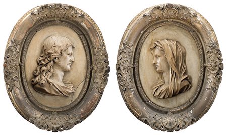 Arte del secolo XIX "Cristo e la Vergine" coppia di altorilievi ovali in...