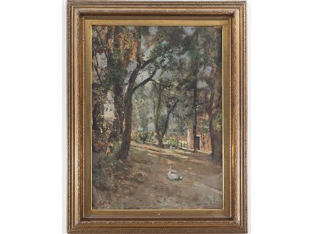 Emilio Gola (1851–1923) Scorcio con alberi e oche 99x70 cm Olio su cartoncino
