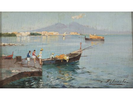 Autore non identificato (XX secolo) Figure nel golfo di Napoli 17x29 cm Olio...