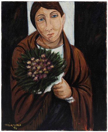 Giuseppe Migneco (1908-1997) La fioraia, 1956 olio su tela, cm 61x50,5...