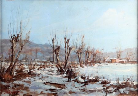 DE LORENZI GINO (n. 1939) Paesaggio invernale. Olio su faesite. Cm 50,00 x...