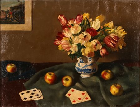BUENO XAVIER (1915 - 1979) Natura morta con tulipani, mele e carte da gioco....