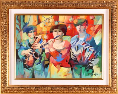 BISAGNI GETTY (n. 1931) Trio musicale in festa. Olio su tela . Cm 80,00 x...