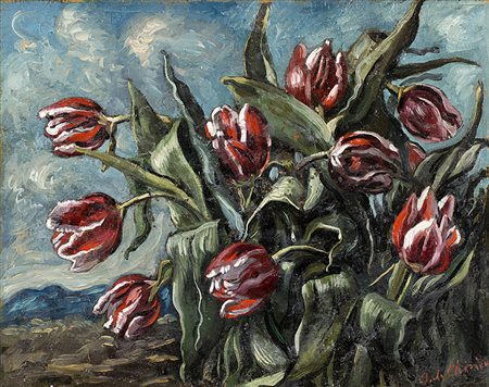 Giorgio De Chirico (Volos 1888 - Roma 1978)"Tulipani" metà anni '50olio su...