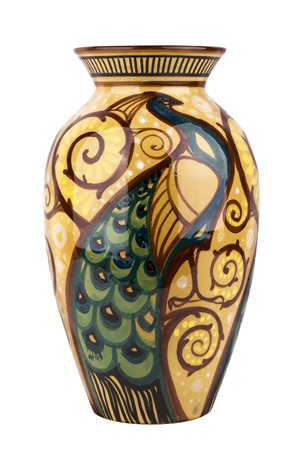 RODRIGUEZ - ROMA Vaso con pavoni e girali vegetali Ceramica dipinta, h. 28 cm...