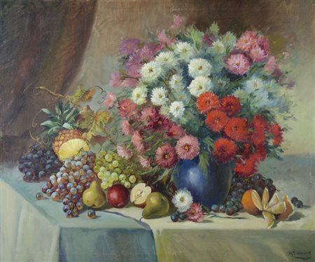 Alois Zabehlicky 1883-1962 "Natura morta di fiori e frutta" cm. 80x100 - olio...