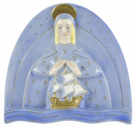 Lenci: piastra in ceramica policroma raffigurante Madonna con veliero....