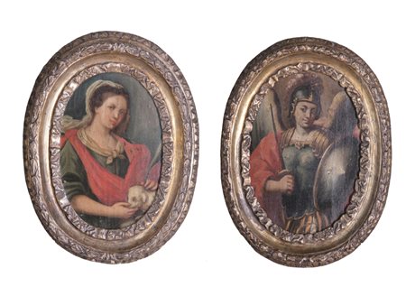 ARTISTA DEL XVII SECOLO Arcangelo Michele e Sant'Agnese. Olio su tavola...