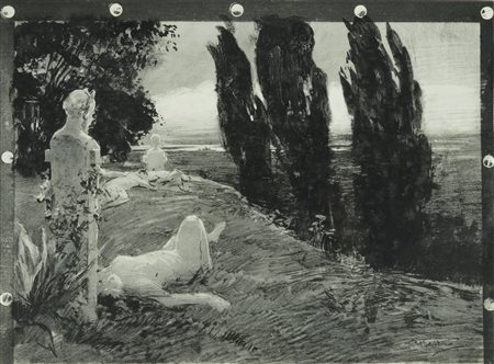 BELTRAME ACHILLE (1871 - 1945) Personaggi in un paesaggio. Stampa ritoccata a...