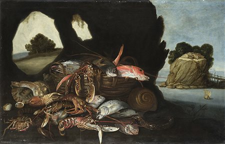 Scuola napoletana del secolo XVIICesto di pesci, aragoste e granchi en plen...