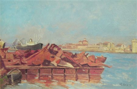 GIULIO ALLORI Livorno 1894 – Livorno 1966 Rottami al porto Olio su faesite 35...
