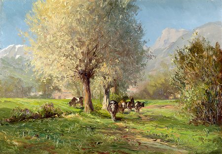 Leonardo Roda (Racconigi 1868 - Torino 1933)"Paesaggio con armenti" olio su...