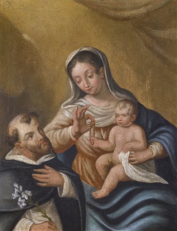 ARTISTA DEL XVIII SECOLO Madonna con bambino e frate. . Olio su tela . Cm...