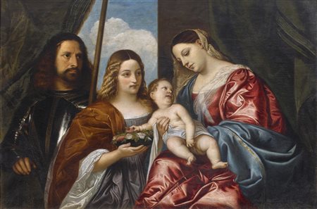 ARTISTA DEL XIX SECOLO Madonna con il Bambino e personaggi. Olio su tela . Cm...