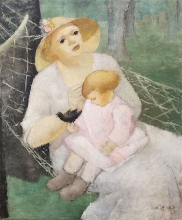 Tina Mennyey Donna con bambino olio su tela, cm 100x80