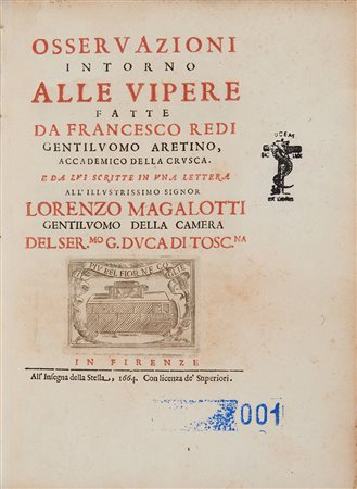 REDI, Francesco (1626-1697) - Osservazioni intorno alle vipere. Firenze:...