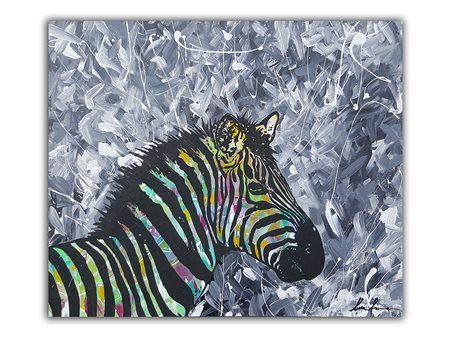 Luca Azzurro, Colored Zebra, 2016 Acrilico su tela, 50cm x 60cm. Autentica su...