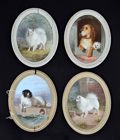 Manifattura del secolo XIX "Cani" gruppo di quattro placche ovali in...
