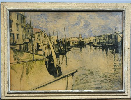 Artista di fine secolo XIX, ''Scorcio di canale con imbarcazioni'' acquerello...