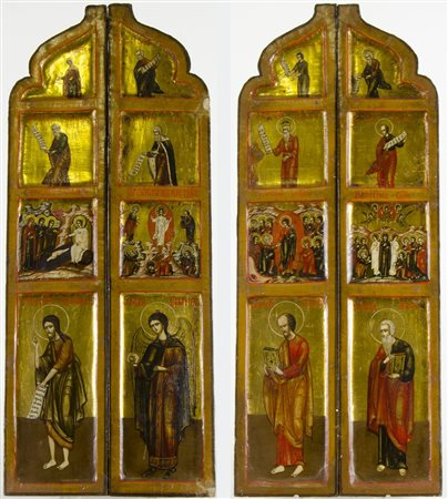 Coppia di tavole dipinte raffiguranti santi, taglio a lunetta. cm. 55x22.