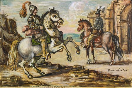 DE CHIRICO GIORGIO (1888 - 1978) Cavalli e cavalieri. 1956. Olio su tela . Cm...