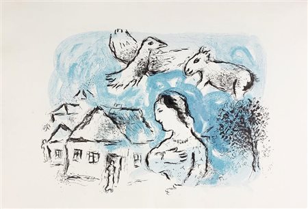Marc Chagall LE VILLAGE 1977 litografia originale a colori, cm 37,7x55,7...