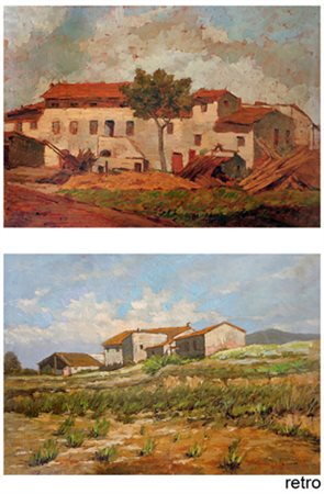 F. MORUCCI Senza titolo 1942 2 dipinti a olio su unica tavola 38,5 x 55. Uno...