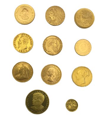VARIE10 monete in oro, quasi tutte estere e una medaglia in oro.