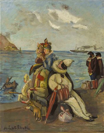 ALDO CARPI (1886 - 1973) La compagnia di Pulcinella 1926 Olio su tela 70 x 55...
