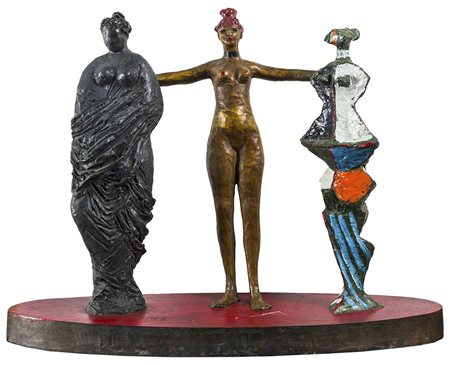 SALVATORE FIUME (1915 - 1997) Le tre grazie 1988 Scultura in bronzo dipinto...