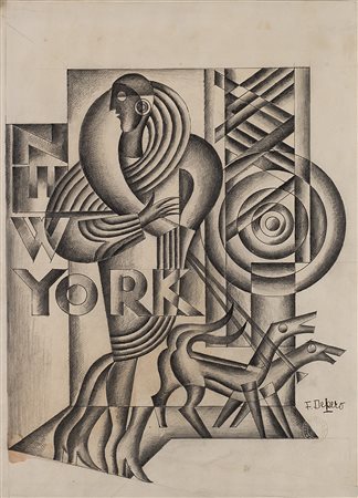 Fortunato Depero (Malosco 1892 - Rovereto 1960)"New York" 1928 circatecnica...