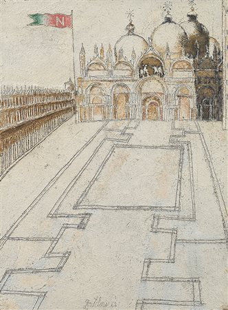 Franco Gentilini (Faenza 1909 - Roma 1981)"Piazza San Marco" 1968olio, sabbia...