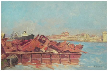 GIULIO ALLORI Livorno 1894 – Livorno 1966 Rottami al porto Olio su faesite 35...