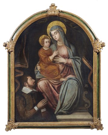 ARTISTA DEL XVI SECOLO Madonna con bambino e personaggio. Olio su tela . Cm...