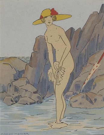 Maggy Monier 1887-1965 "Bagnante" cm. 16x13 - acquerello su base litografica...