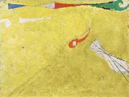 Osvaldo Licini (1894-1958) Missile su fondo giallo olio e matita su tela cm...