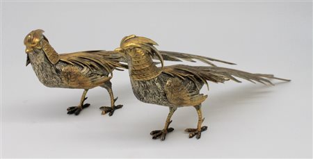 Coppia di fagiani in argento con parti dorate - A pair of siver pheasants with gilded parts