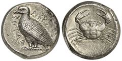 Sicily, Akragas, Tetradrachm, ca. 465/4-446 BC; AR (g 16,49; mm 24; h 4); AKPAΓANTOΣ, Eagle standing l.; Rv. Crab within shallow incuse circle. Westermark, Coinage, 392; SNG ANS 976-7; HGC 2, 78. Good very fine