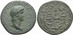 Nero (54-68), Sestertius, Rome, AD 64. AE (g 22,50; mm 37; h 7). NERO CLAVDIVS CAESAR AVG GERM P M TR P IMP P P, Laureate head r., Rv. […]PORT AVG, Port of Ostia: seven ships within the harbor; at the top is a pharus surmounted by