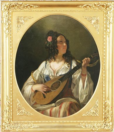 ARTISTA DEL XIX SECOLO Suonatrice di mandolino. Olio su tela ovale. Cm 96x80....