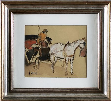 ROMANELLI VINCENZO (n. 1922) Carrozzella con cavallo bianco. Tecnica mista su...