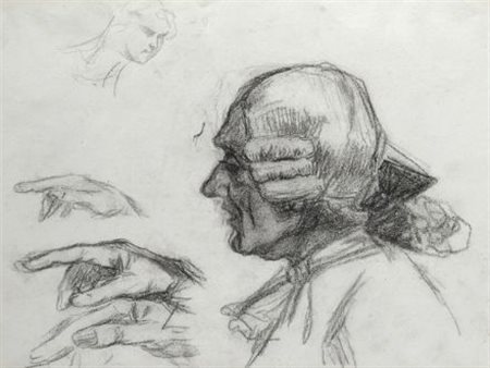 Anonimo del XX sec. Studio di testa e mani Carboncino su carta, cm.22x29