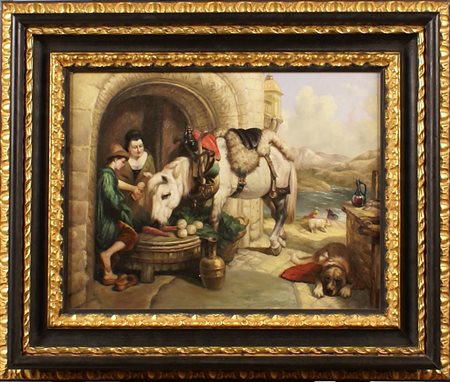 SCUOLA ITALIANA XX Sec. Paesaggio con figure ed animali, olio su tavola,...