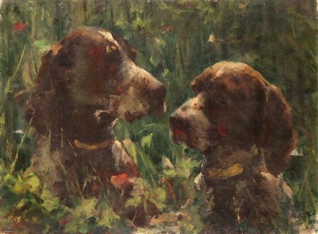 Giuseppe Barbaglia "Cani a caccia" 
olio su tela (cm 48x66)
Firmato in basso a s