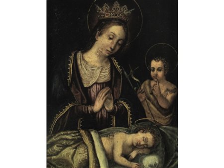 Italia settentrionale (XVII secolo) Madonna con Bambino Olio su rame Misure...
