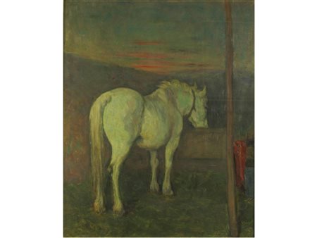 Giuseppe Giusti (1895-?) Cavallo Bianco Olio su masonite Firmato Misure 60x50 cm